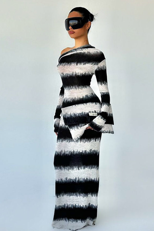 Black White Stripe Oblique Shoulder Long Sleeve Dress