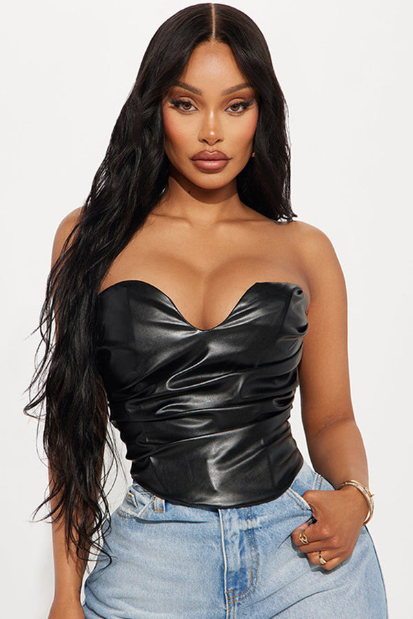 Leather Strapless Corset Zipper Ruched V Neck Top