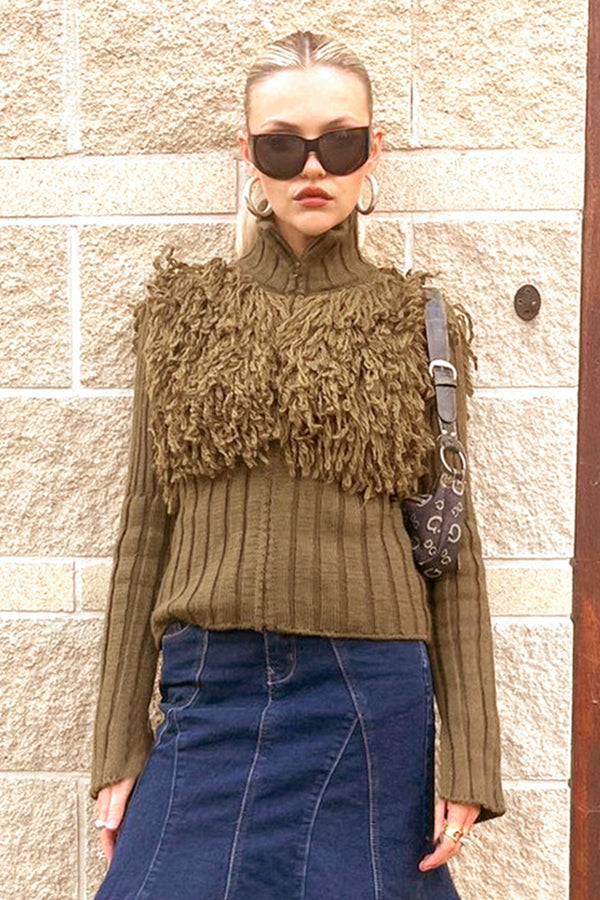 Solid Fringe Zipper Long Sleeve Sweater