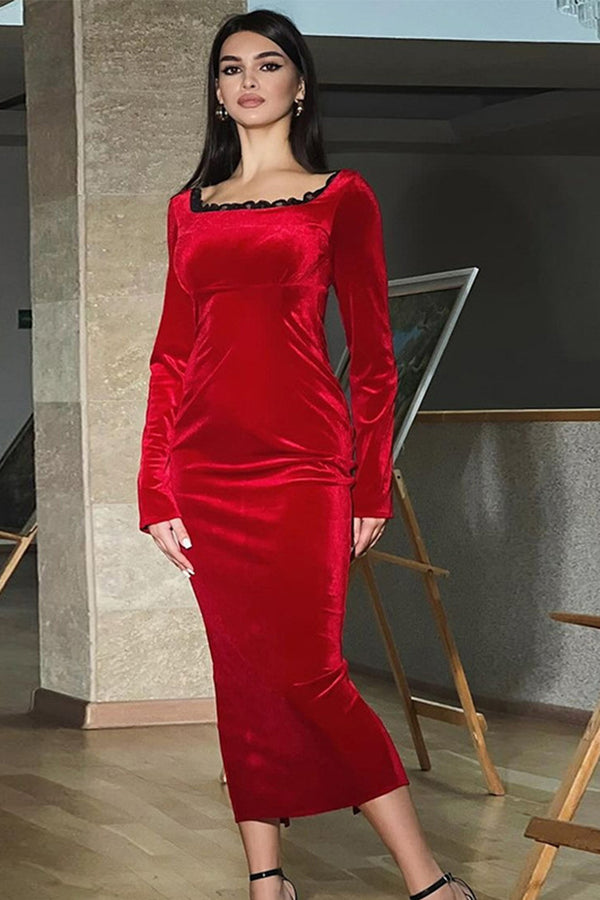 Square Neck Lace Velvet Long Sleeve Maxi Dress