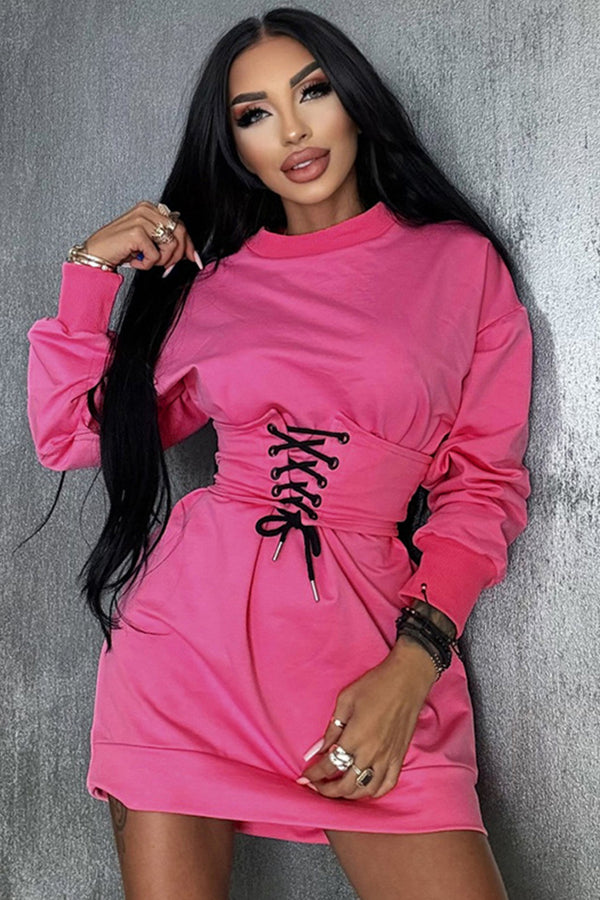 Solid Long Sleeve Lace Up Front Sweatshirt Dress