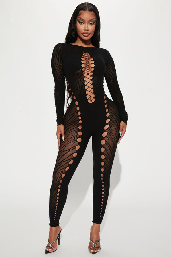 Black Zebra Stripe Round Neck Sheer Hollow Jumpsuit