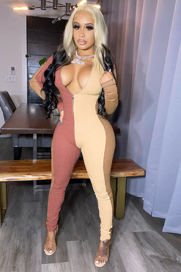 Contrast Color Zipper Long Sleeve Jumpsuit