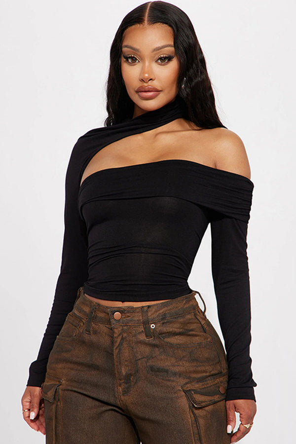 Asymmetric Neckline Cutout Long Sleeve Crop Top