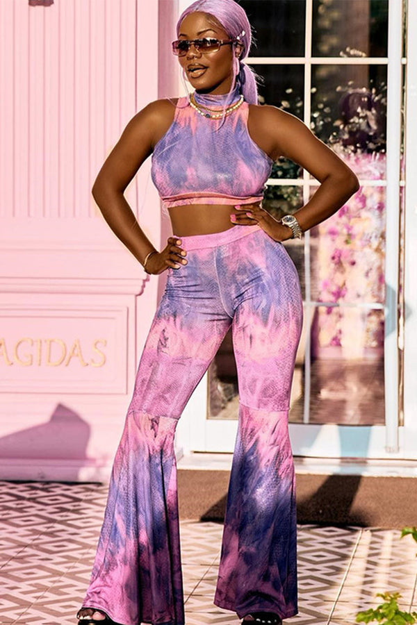 Tie Dye Mock Neck Sleeveless Flare Pants Set