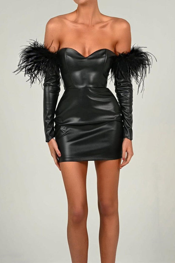 Off Shoulder Feather Sleeve Leather Mini Dress