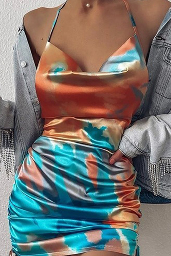 Backless Tie Dye Halter Drawstring Ruched Bodycon Dress