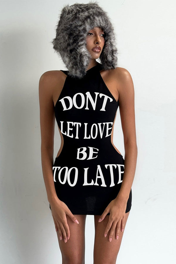 Black Letter Print Cutout Sleeveless Mini Dress