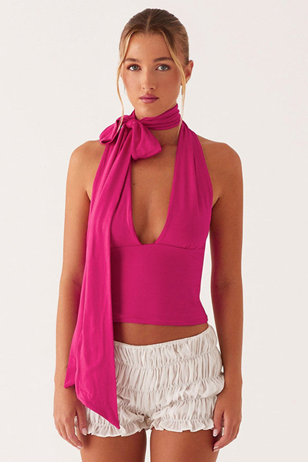 Solid Scarf Halter Neck Backless Top