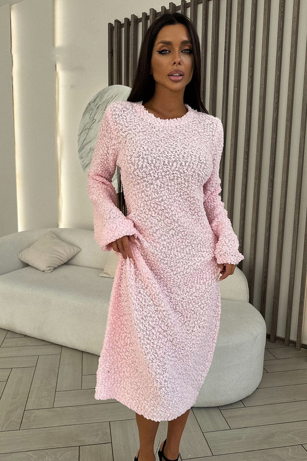 Solid Round Neck Knit Plush Dress Long Sleeve