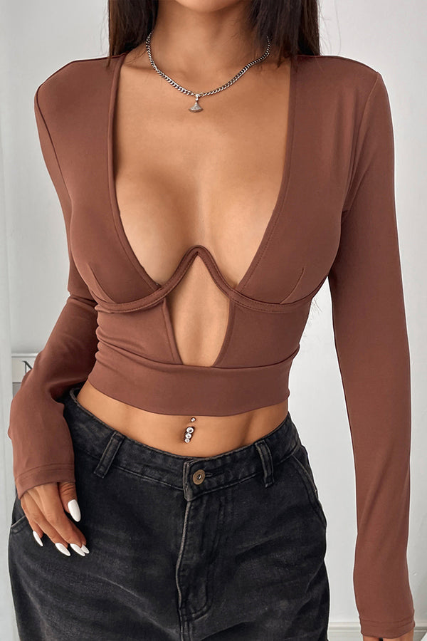 Cutout Deep V Neck Long Sleeve Crop Top