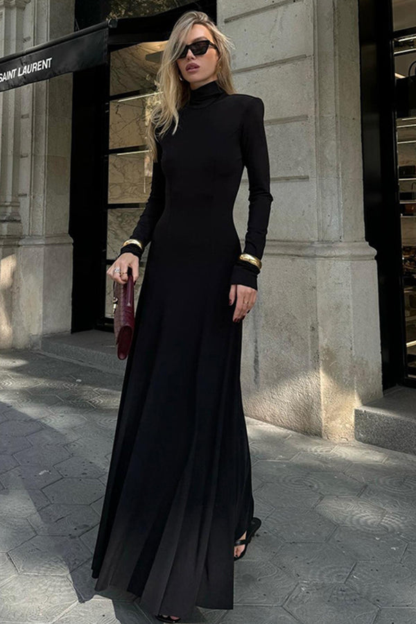 Solid Mock Neck Backless Long Sleeve Maxi dress