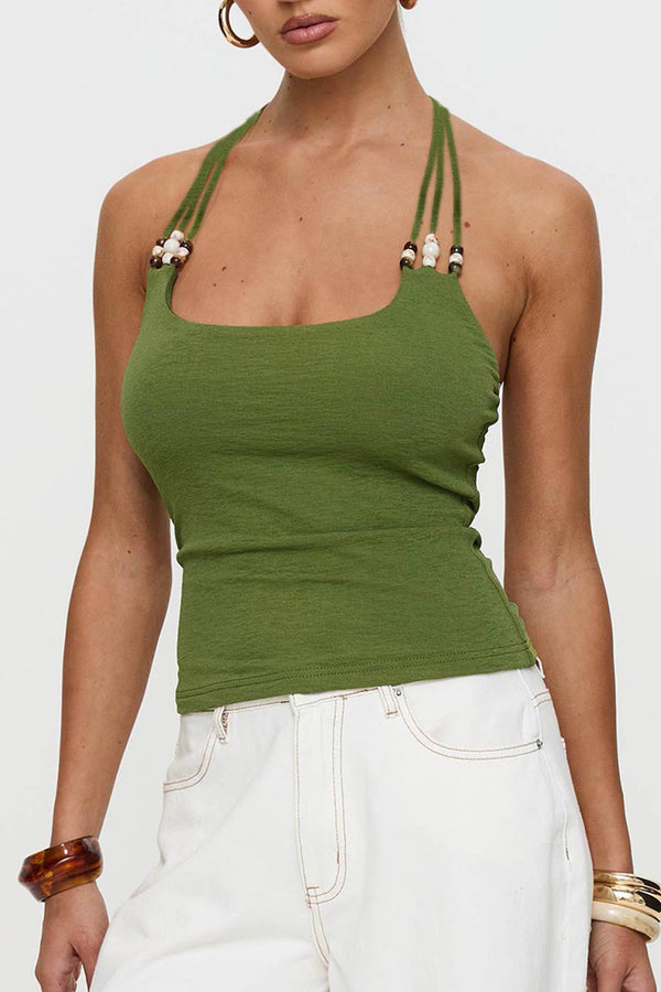 Green Halter Bandage Square Neck Backless Top