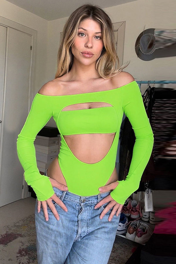 Solid Long Sleeve Cut Out Off Shoulder Bodysuit