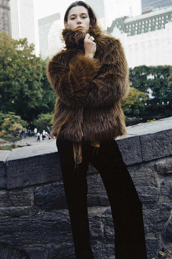 Lapel Faux Brown Fox Fur Jacket Women