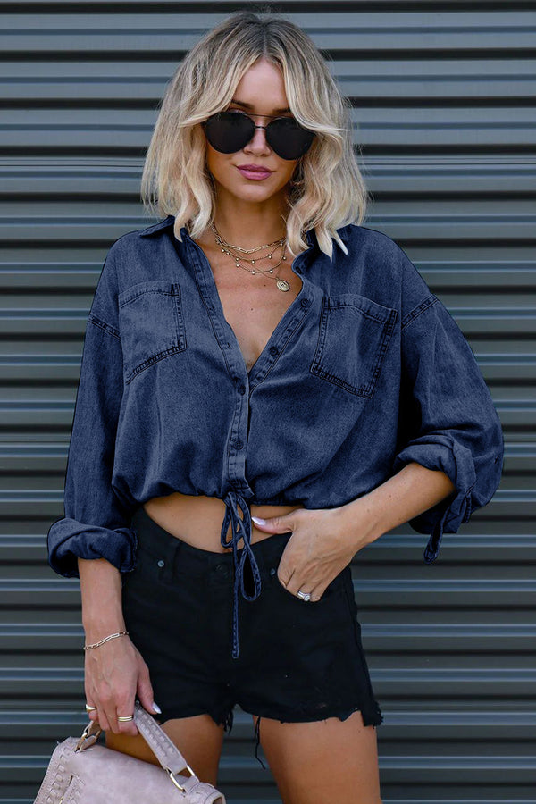 3/4 Sleeve Tie Front Loose Crop Top