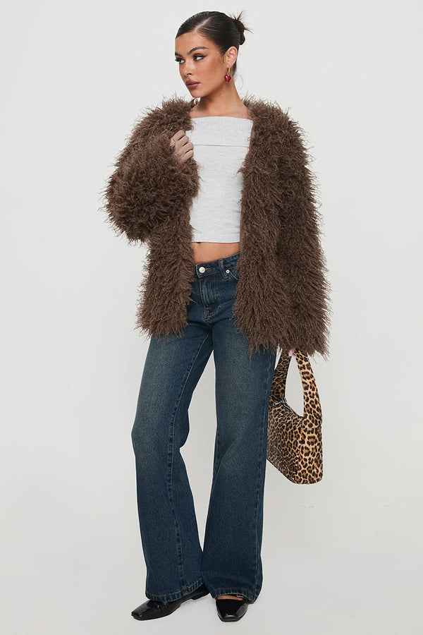 Solid Faux Fur V Neck Long Sleeve Jacket