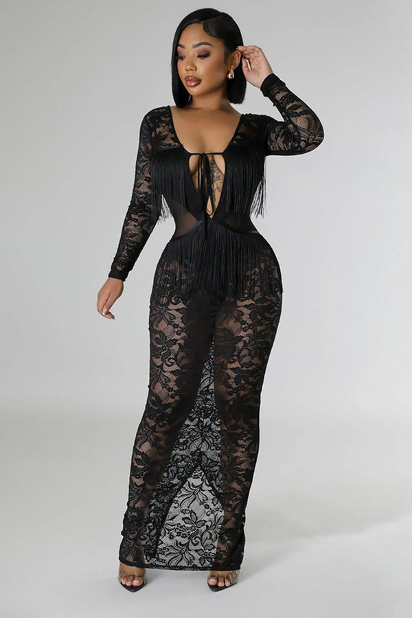 Long Sleeve Lace Tassel See Through Maxi Dress