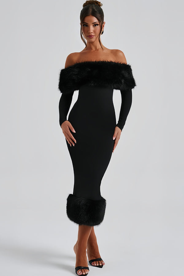 Faux Fur Off Shoulder Long Sleeve Midi Dress