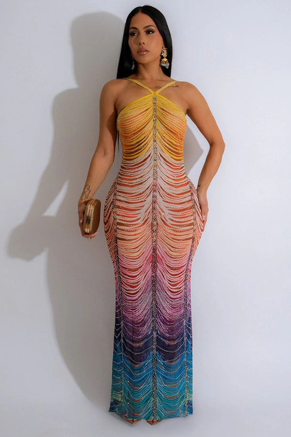 Rainbow Sleeveless Rhinestone Bodycon Maxi Dress