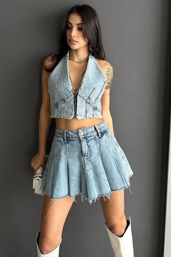 Halter Zip Front Top & Pleated Denim Skirt