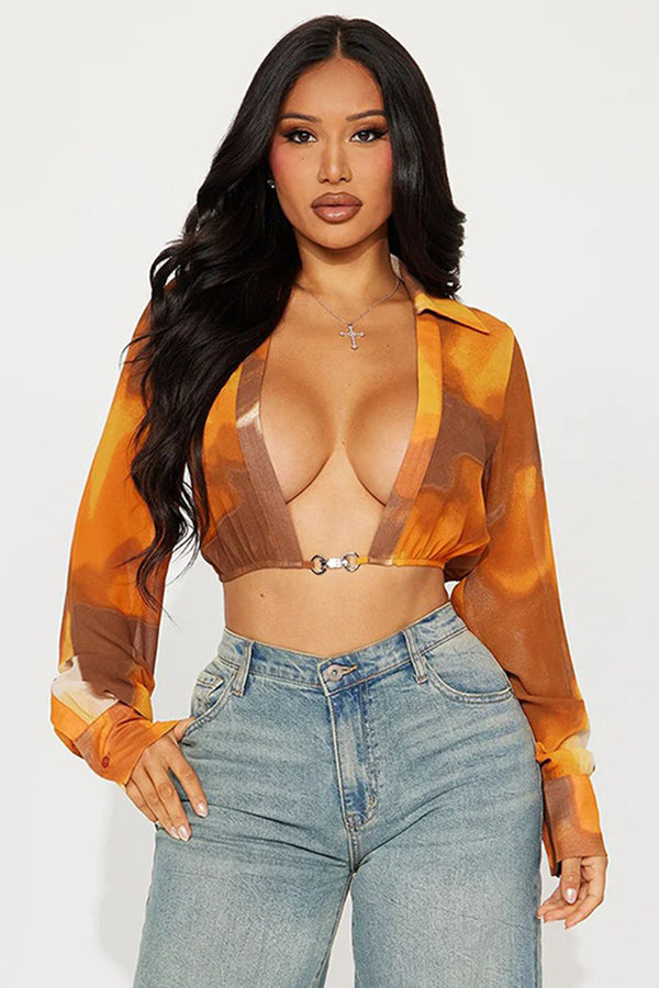 Tie Dye Long Sleeve Front Cutout Crop Top