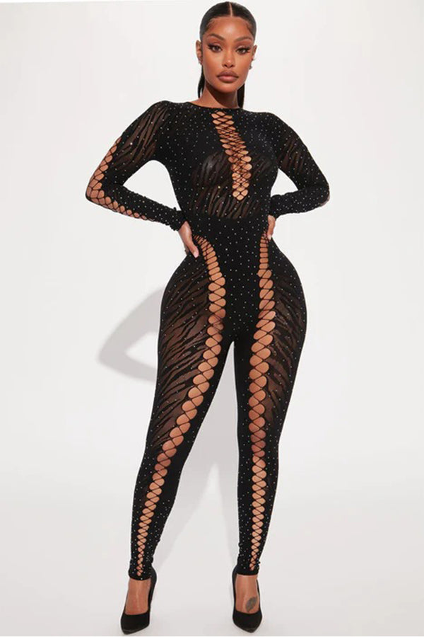 See Through Long Sleeve Rhinestone Hollow Mesh Jumpsuit