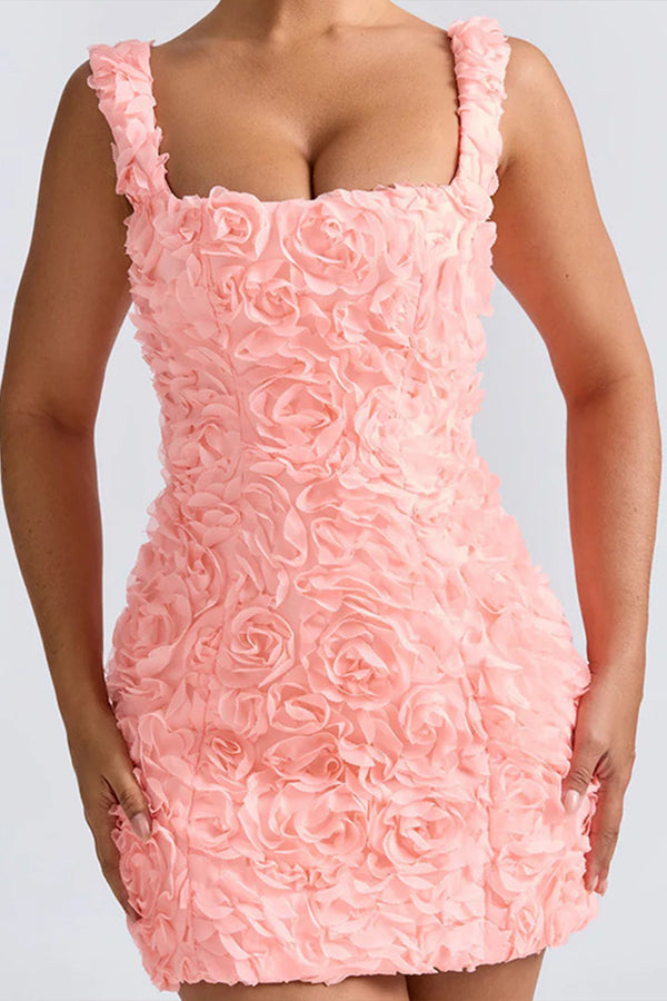 Rose Applique Square Neck Sleeveless Back Bandage Dress