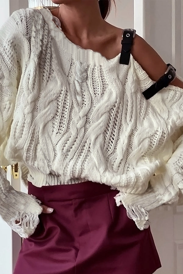 Distressed Cable Knit Sweater With Leather Trim