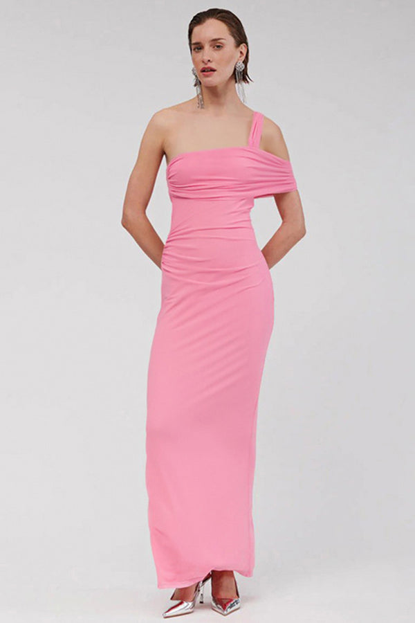 Solid Sleeveless One Shoulder Split Bodycon Maxi Dress