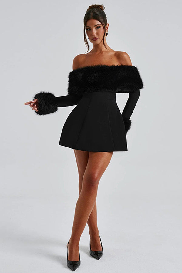 Off Shoulder Faux Fur Trim Mini Dress