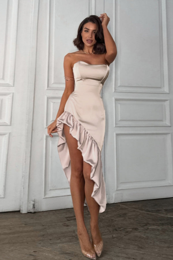 Strapless Slant Ruffle Hem Midi Dress